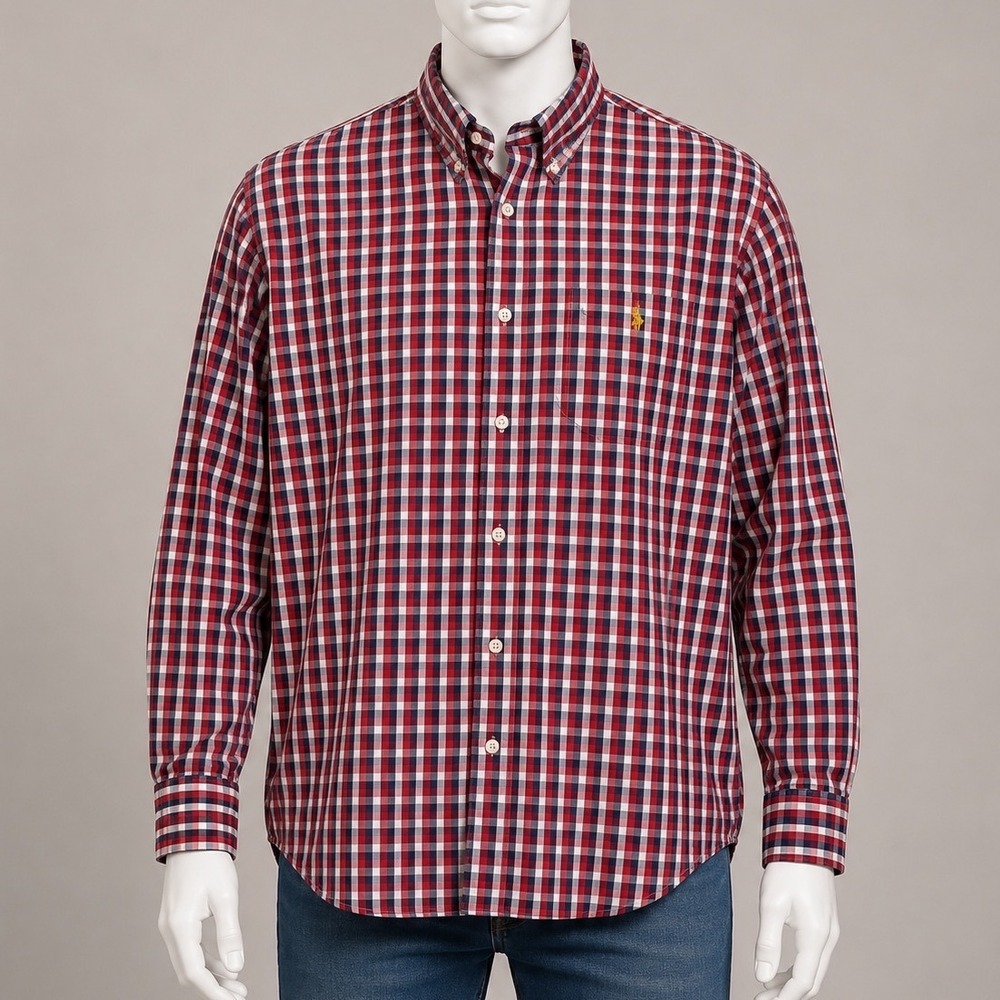 US Polo Assn Mens XL Red Blue Gingham Plaid Long Sleeve Button Down Shirt Cotton